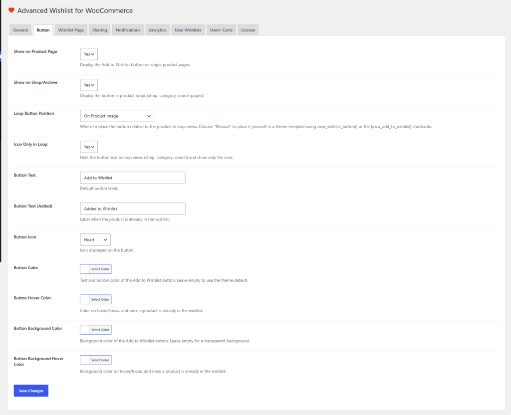 Amazing Wishlist for WooCommerce buttons tab