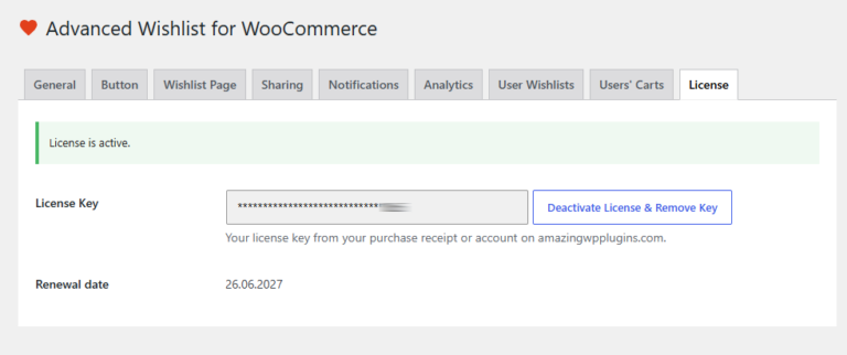 Amazing Wishlist for WooCommerce license tab