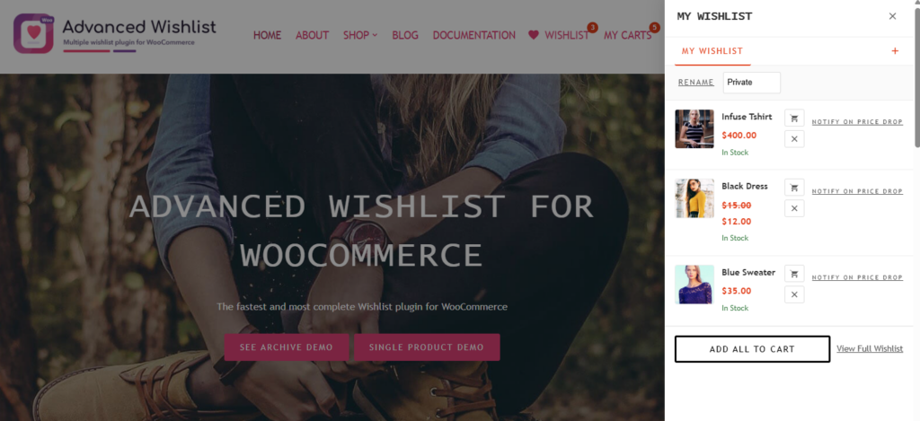 Advanced Wishlist for WooCommerce sliding mini wishlist screenshot