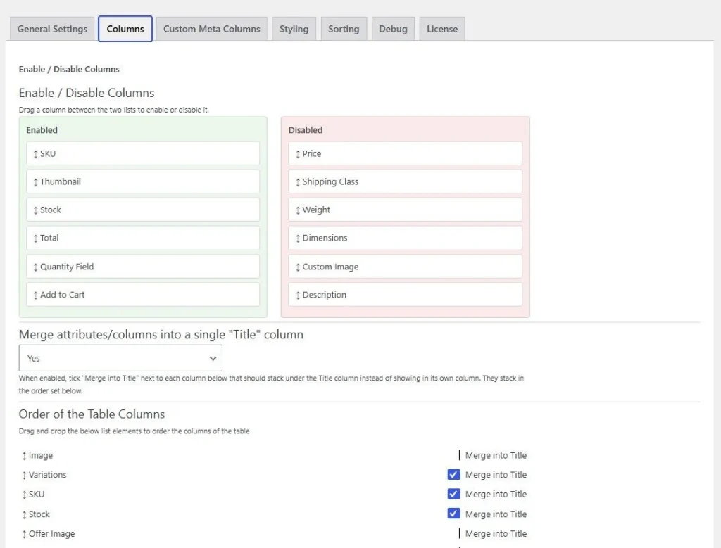 variation table grid columns settings v2.4.0