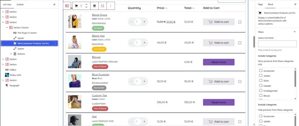 woocommerce products lists pro gutenberg block