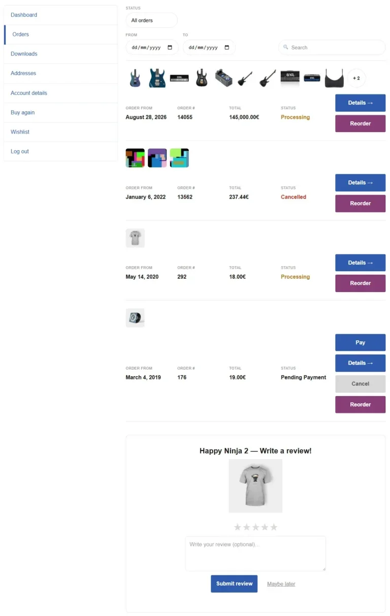 Amazing Orders & Reorder for WooCommerce orders new layout with reorder