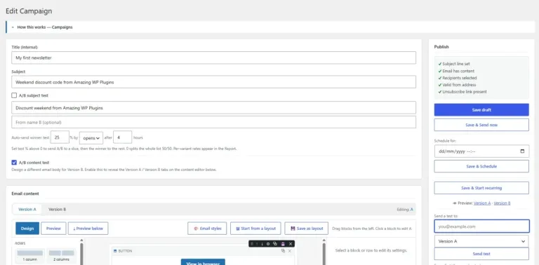 Amazing WordPress Newsletters create campaign
