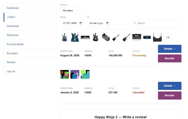 Amazing Orders & Reorder for WooCommerce filter orders by date