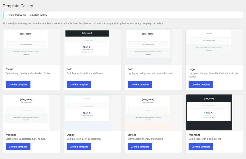 Template gallery with ready-made email designs