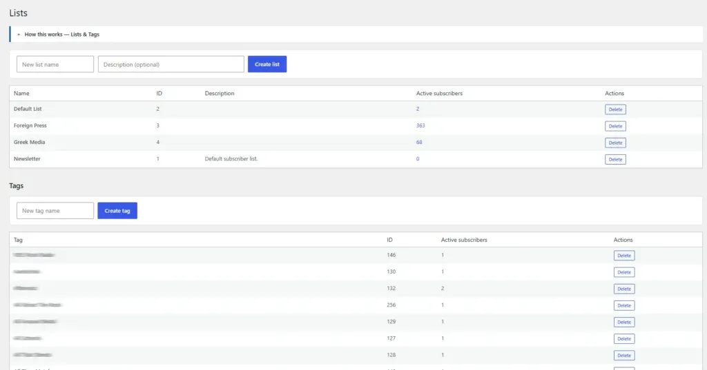 Lists and tags management