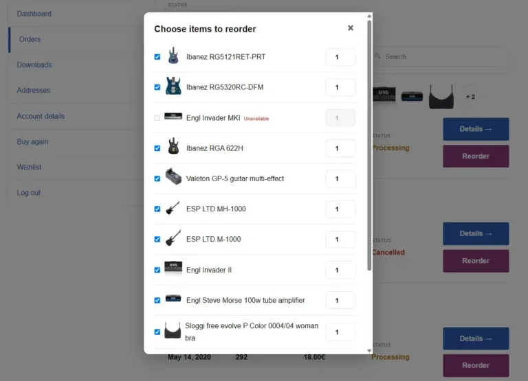 Amazing Orders & Reorder for WooCommerce reorder pop up