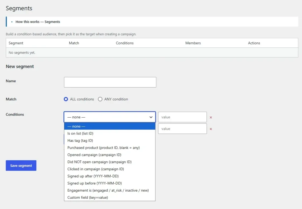 Segment builder with conditions