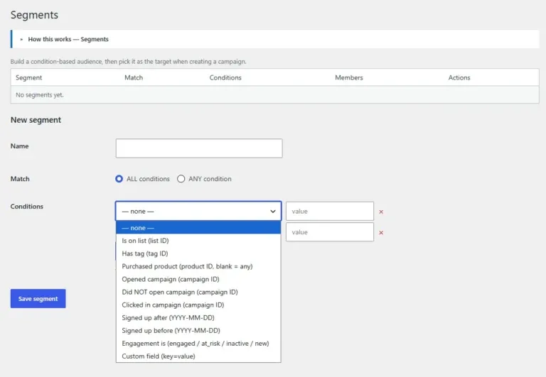 Amazing WordPress Newsletters audience segments