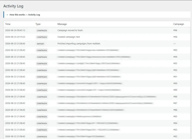 Amazing WordPress Newsletters activity log