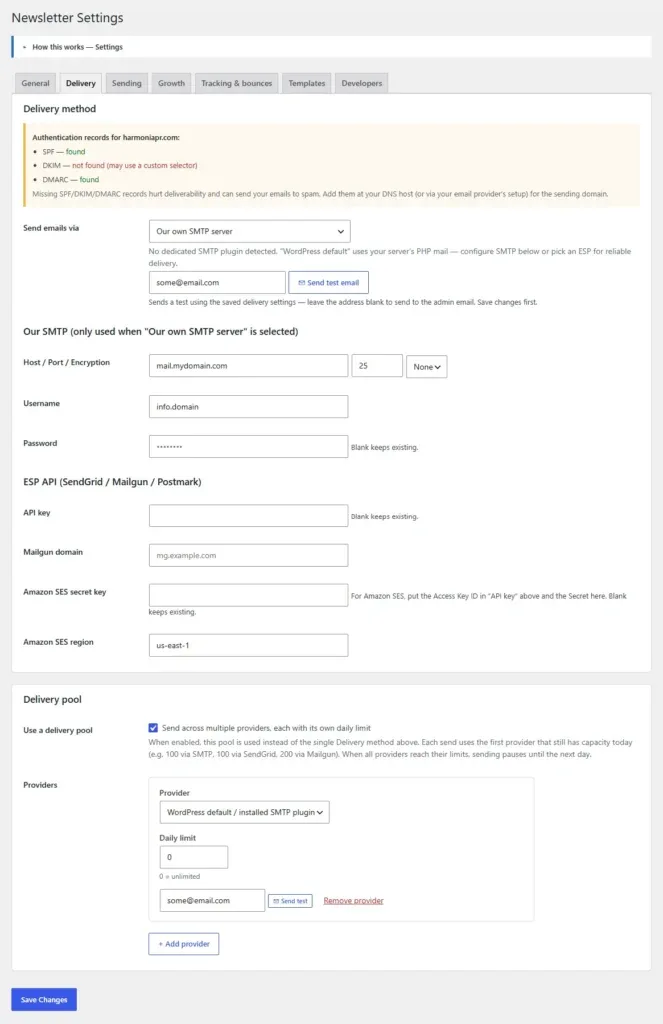 Delivery settings with method, provider pool and per-provider test