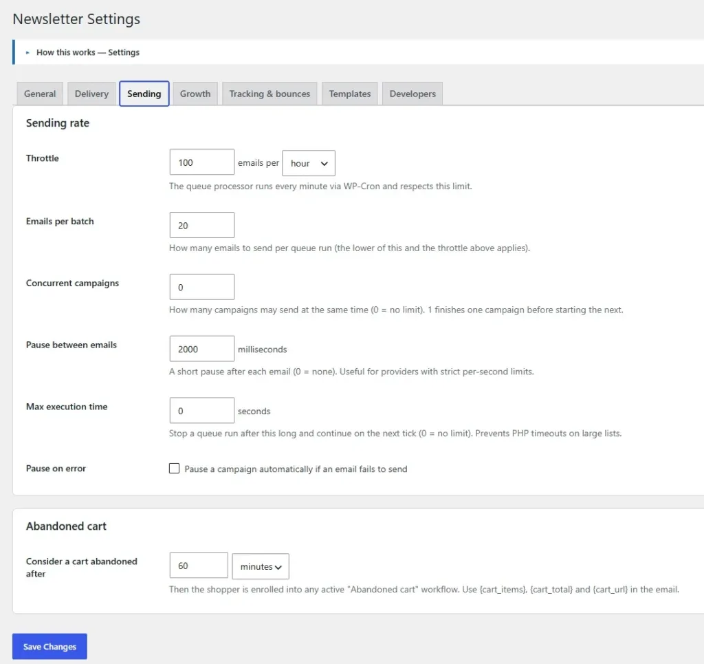 Sending and throttling settings