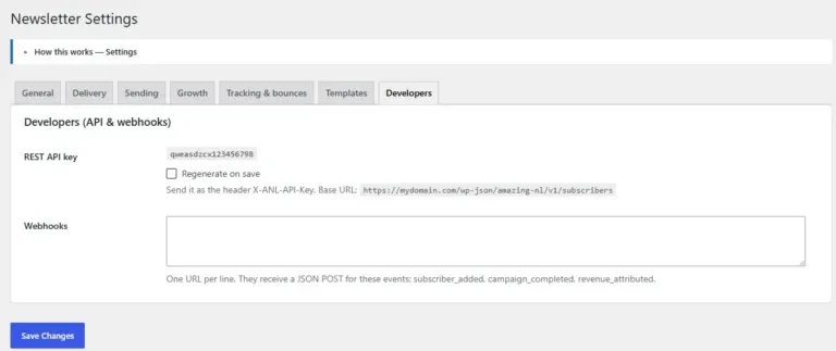 Amazing WordPress Newsletters rest api key and webhooks settings