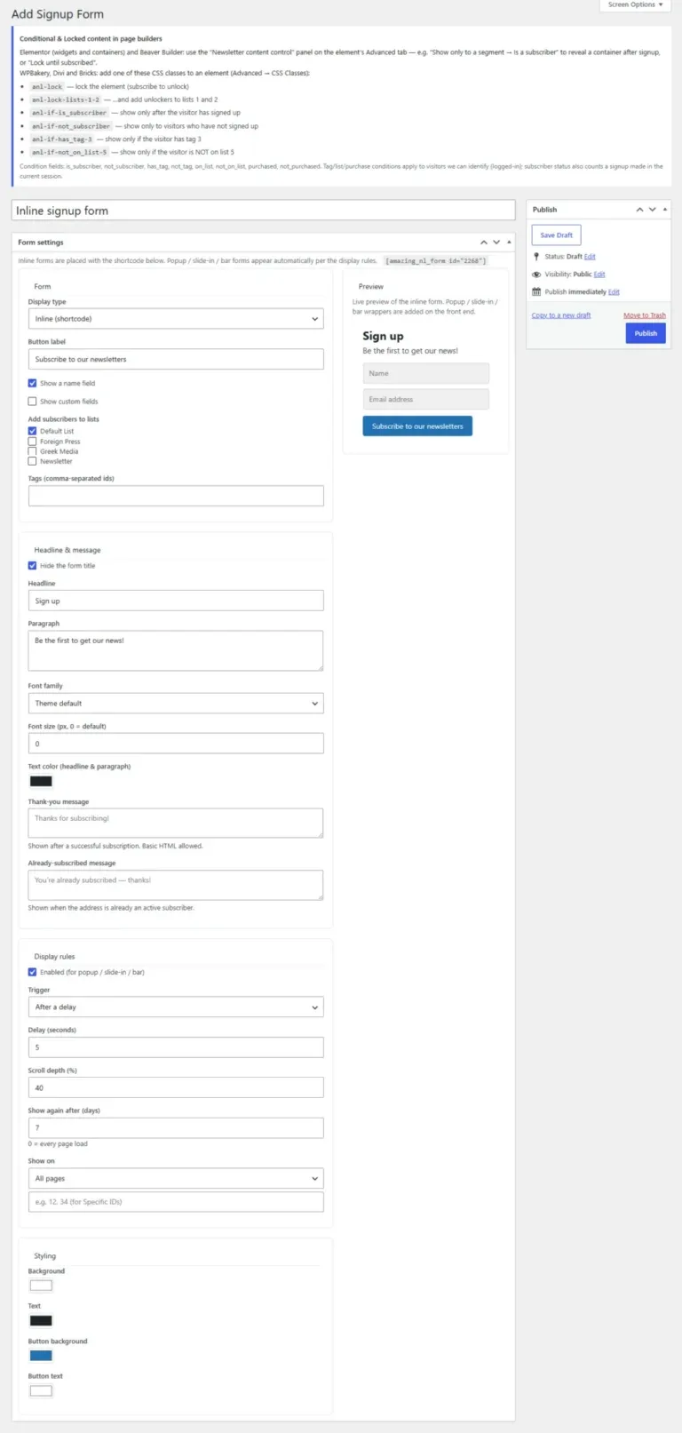 Amazing WordPress Newsletters signup forms add and edit