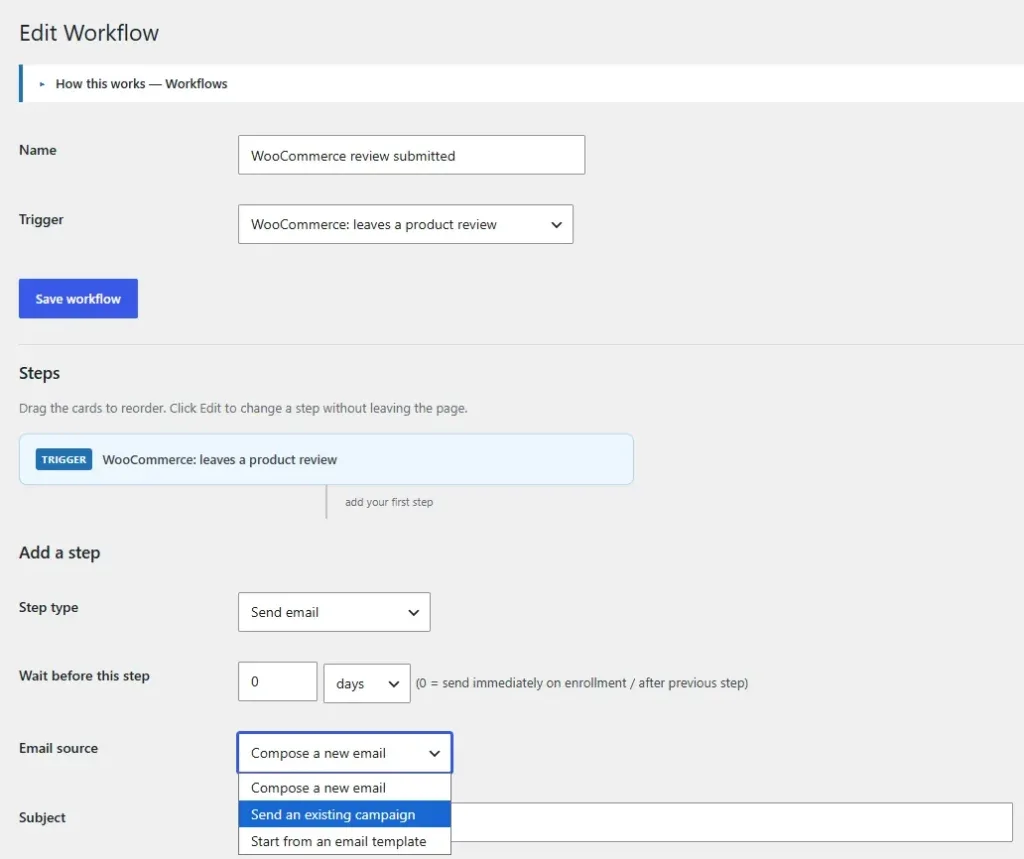 Amazing WordPress Newsletters workflows email source