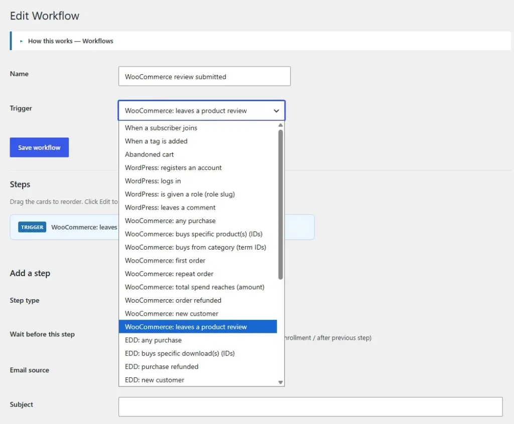 Amazing WordPress Newsletters workflows trigger action