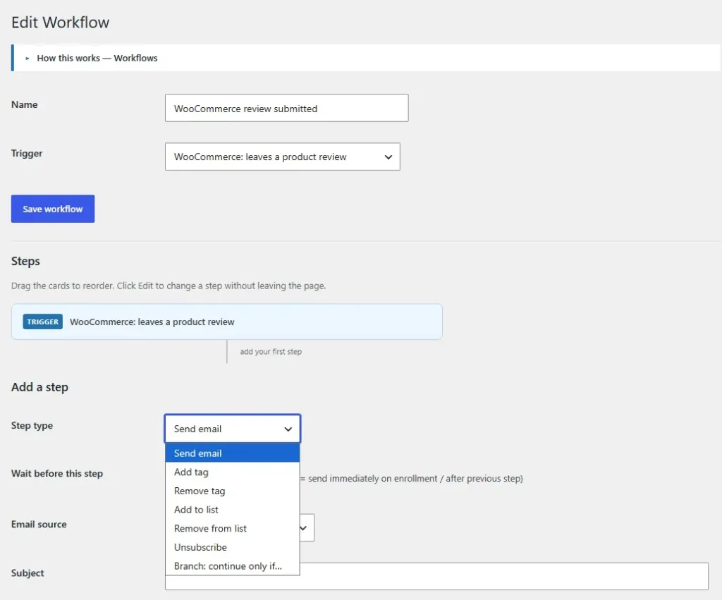 Amazing WordPress Newsletters workflows step type