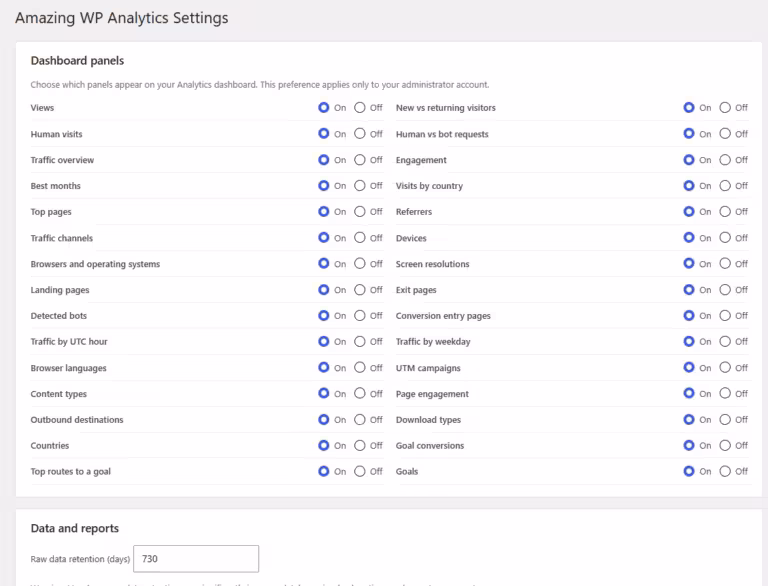Amazing WP Analytics settings panels