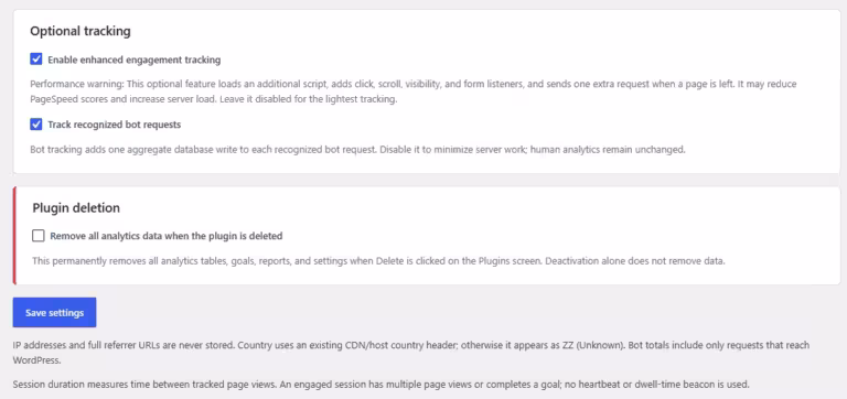 Amazing WP Analytics settings tracking