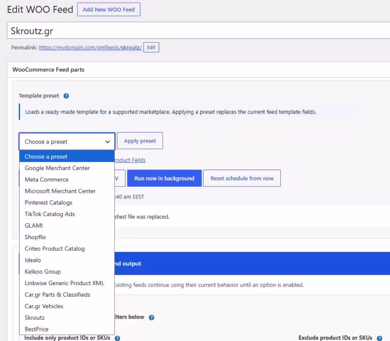 WooCommerce XML - CSV Feeds presets selection