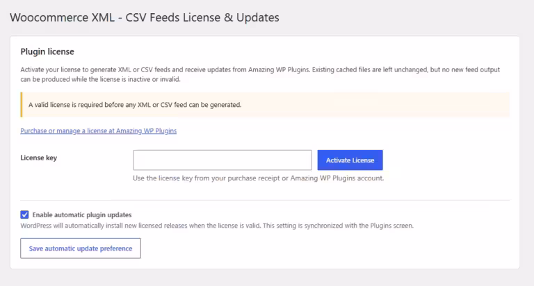 WooCommerce XML - CSV Feeds license screen