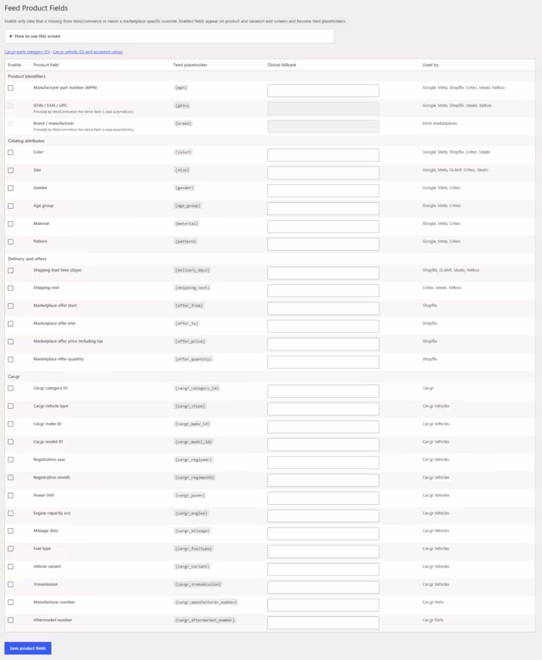 WooCommerce XML - CSV Feeds product fields settings