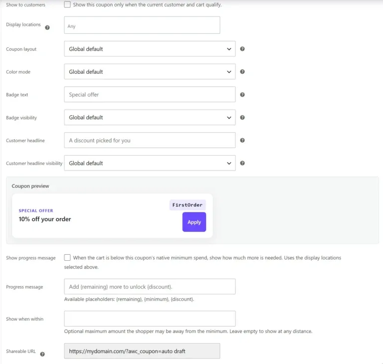 Amazing WooCommerce Coupons and Discounts layout settings