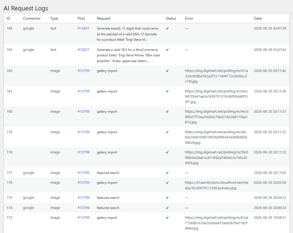 ai content assistant for WooCommerce requests log