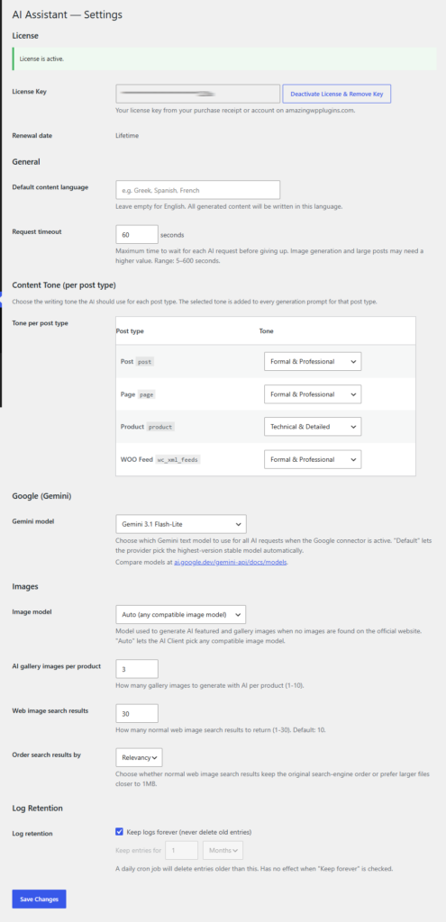 ai content assistant for WooCommerce settings