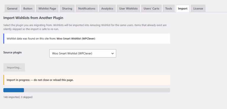 Amazing Wishlist for WooCommerce admin importing from other Wishlist plugin