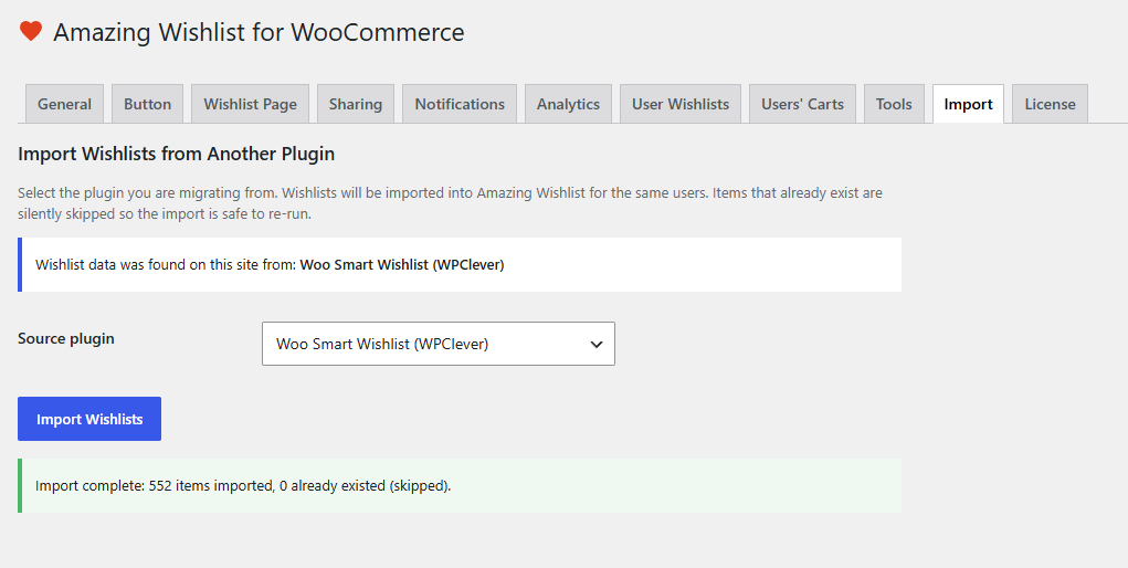 Amazing Wishlist for WooCommerce admin import complete