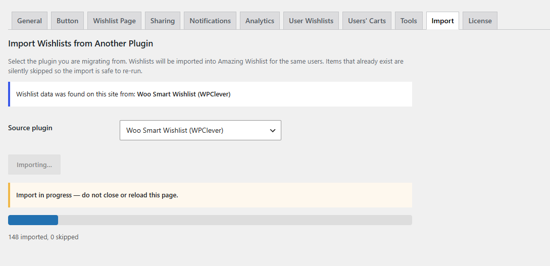 Amazing Wishlist for WooCommerce admin importing from other Wishlist plugin