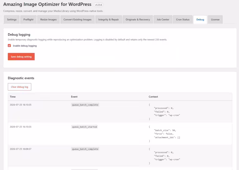 Amazing Image Optimizer for WordPress debug tab