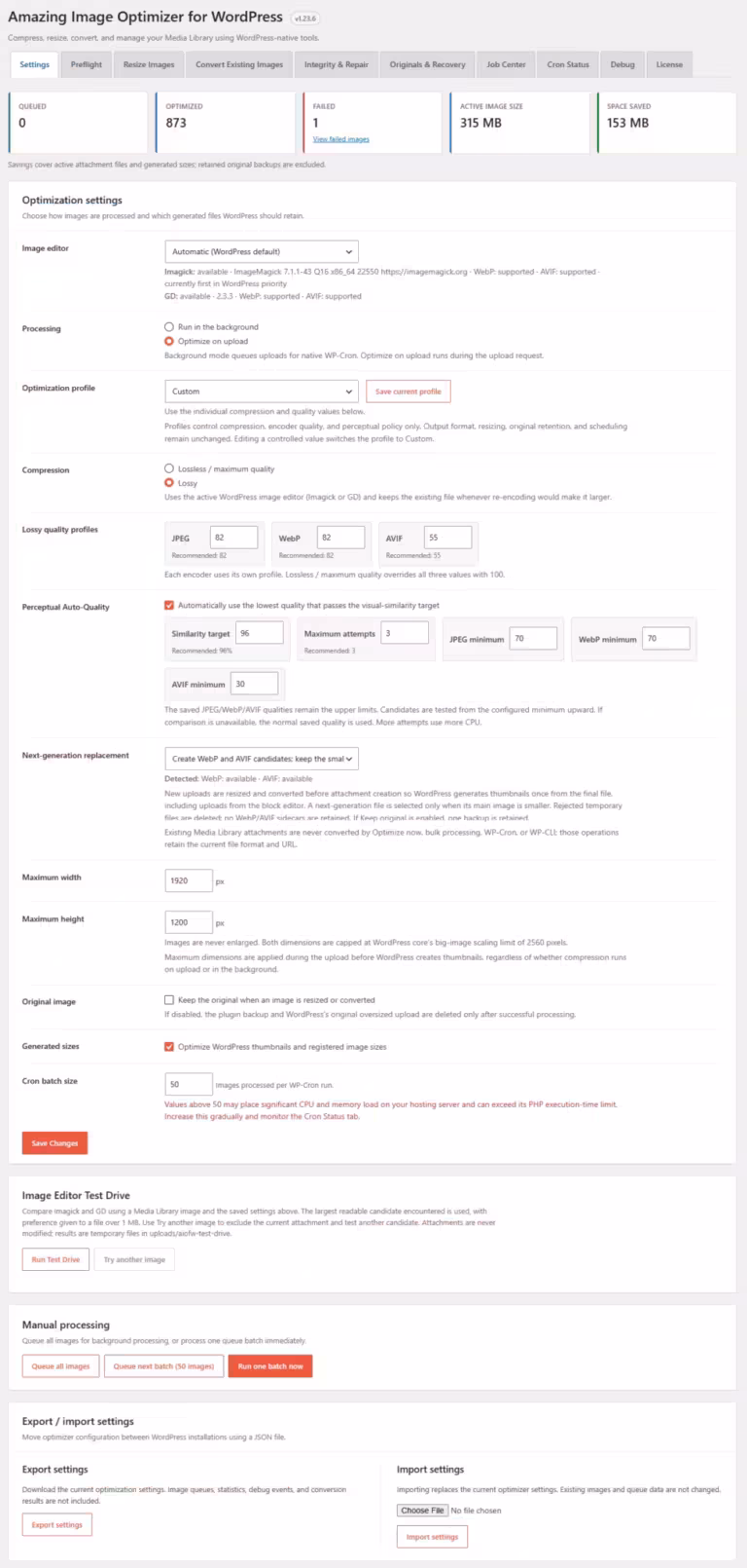 Amazing Image Optimizer for WordPress settings