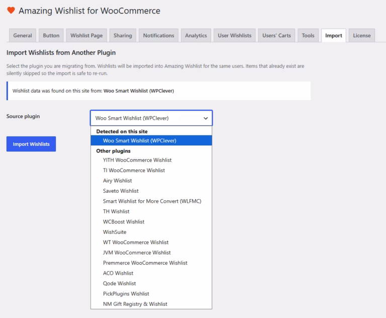 Amazing Wishlist for WooCommerce admin import plugins list