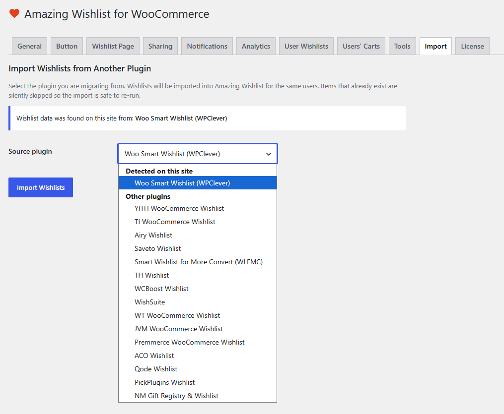 Amazing Wishlist for WooCommerce admin import plugins list