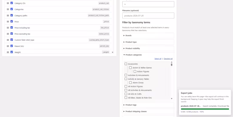 WooCommerce Export Products to XLS products taxonomy filters