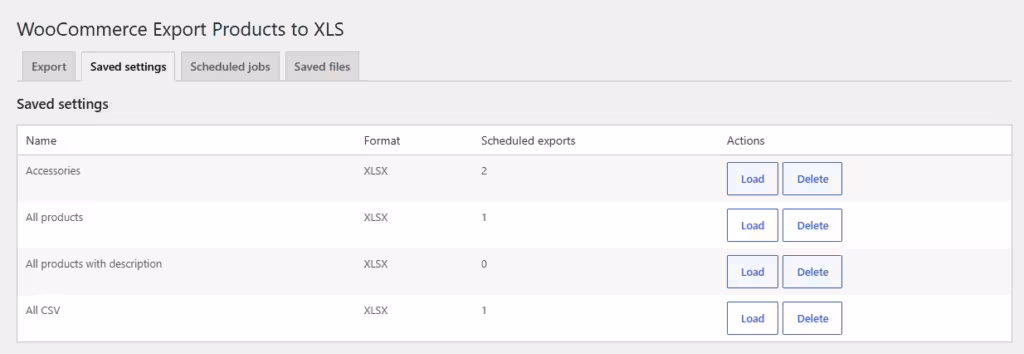 WooCommerce Export Products to XLS saved export settings