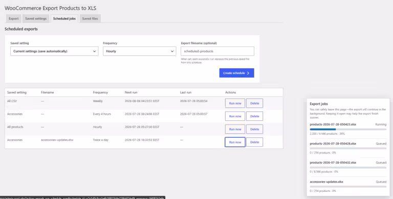 WooCommerce Export Products to XLS scheduled jobs running