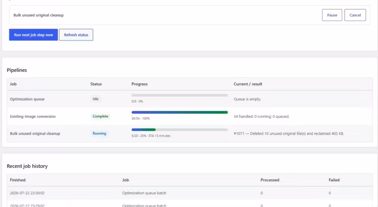 Amazing Image Optimizer for WordPress job center settings