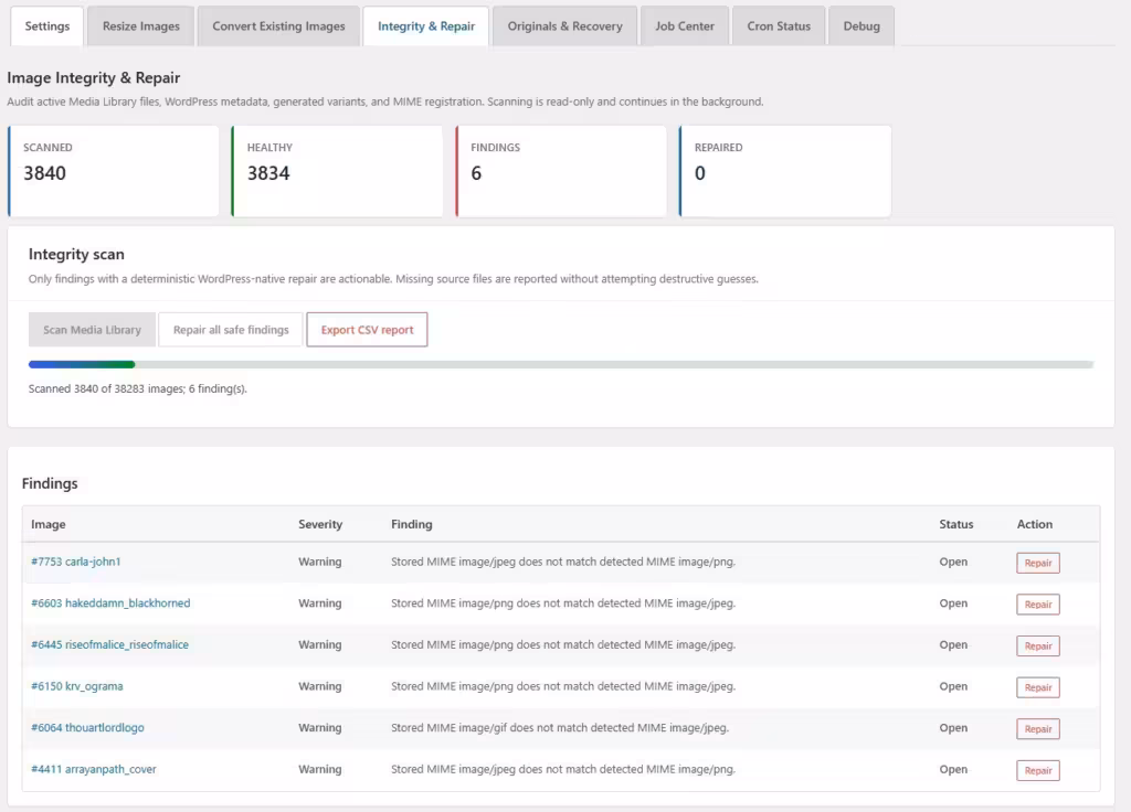 Amazing Image Optimizer for WordPress repair images tab