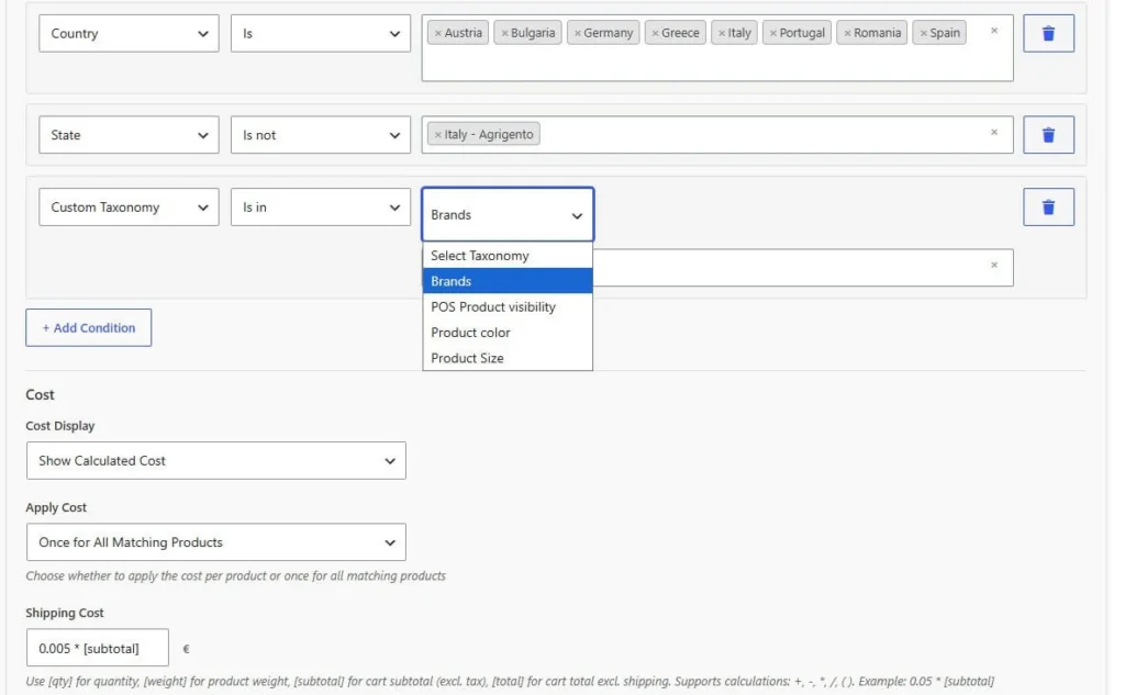 Amazing Shipping for WooCommerce taxonomy rules