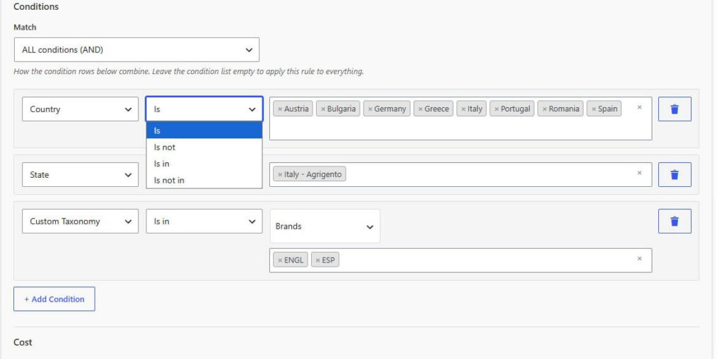 Amazing Shipping for WooCommerce rules conditions