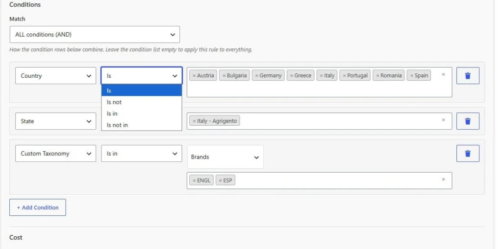Amazing Shipping for WooCommerce rules conditions