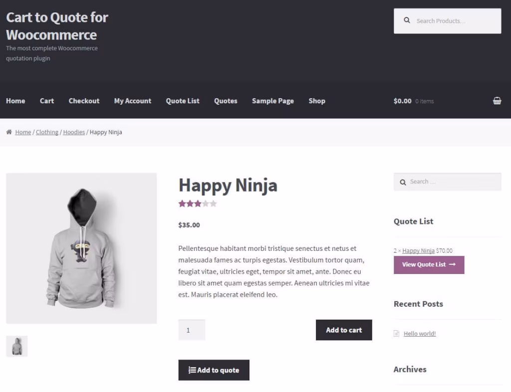 Cart to Quote Request for WooCommerce add to quote button single product
