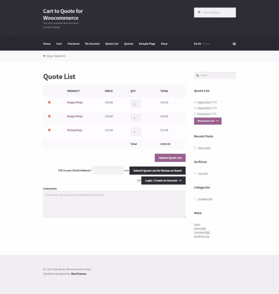 Cart to Quote Request for WooCommerce quote edit front end
