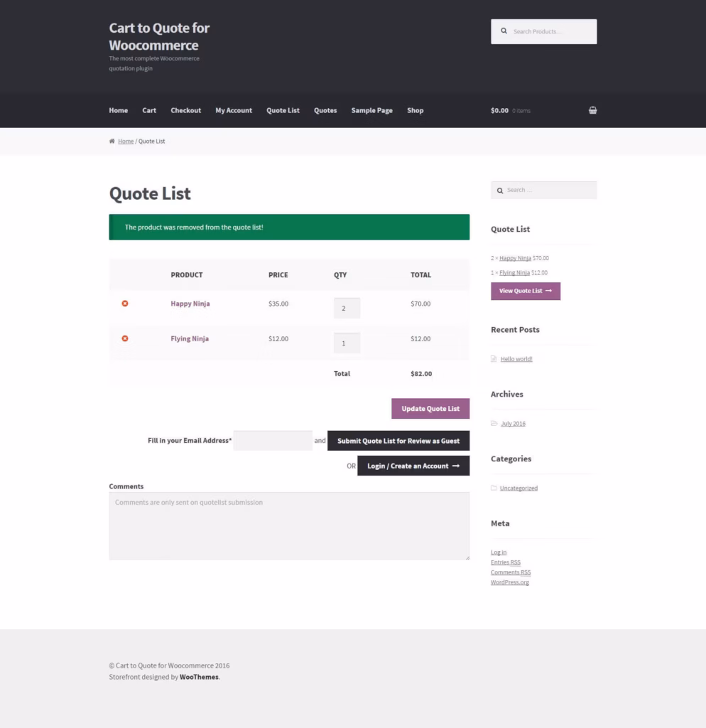 Cart to Quote Request for WooCommerce quote edit products frontend