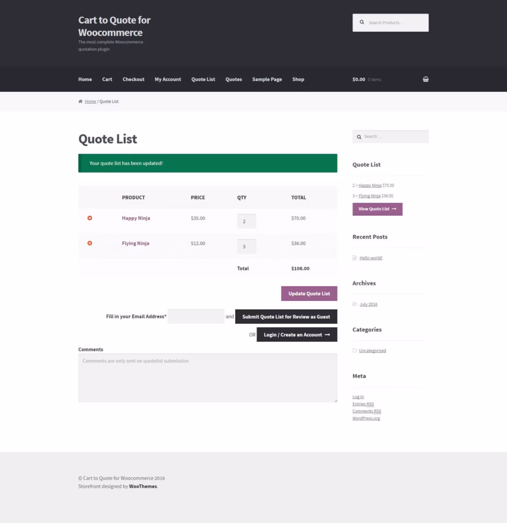 Cart to Quote Request for WooCommerce quote update frontend