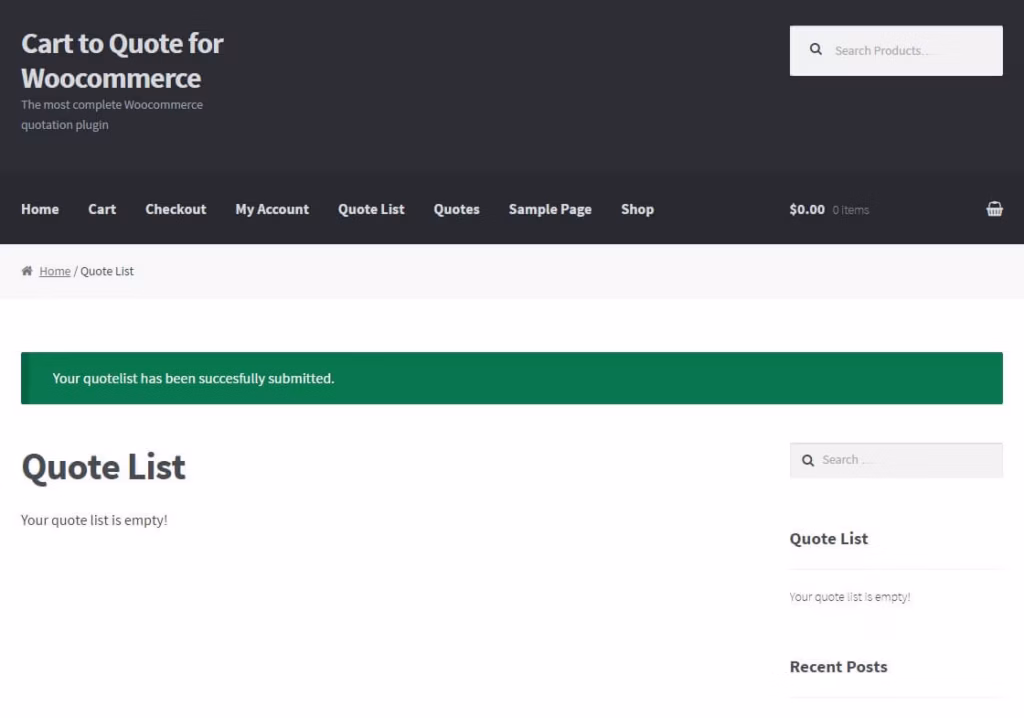 Cart to Quote Request for WooCommerce quote submitted message
