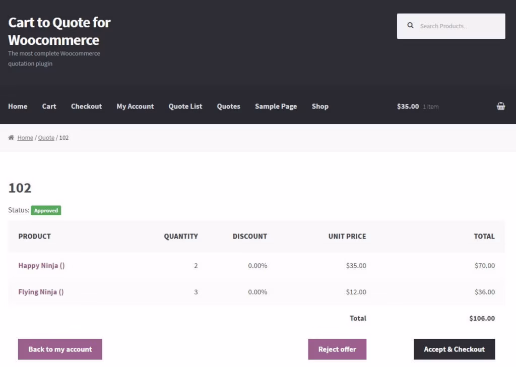 Cart to Quote Request for WooCommerce quotes list frontend